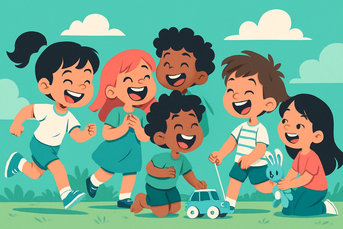 kan du ordna en bild på  barn fast teknat  när dom leker och skrattar  färg temat ska vara turkos  och vit och rosa och grön  gör den snygg och häftig  